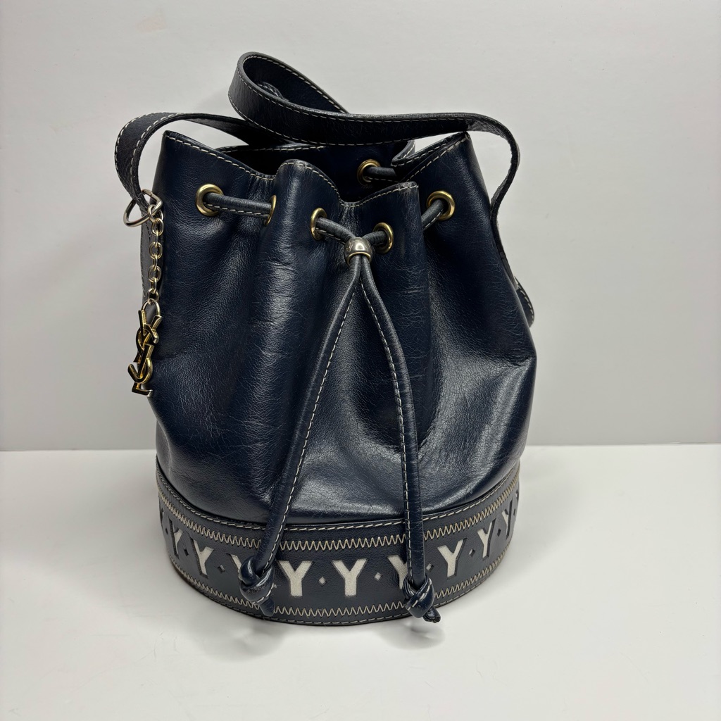Yves Saint Laurent Navy Blue Bucket Shoulder Bag With Logo Trim